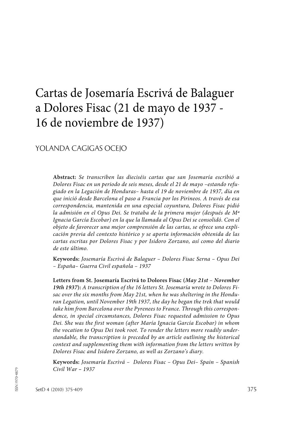 Cartas De Josemaría Escrivá De Balaguer a Dolores Fisac (21 De Mayo De 1937 - 16 De Noviembre De 1937)