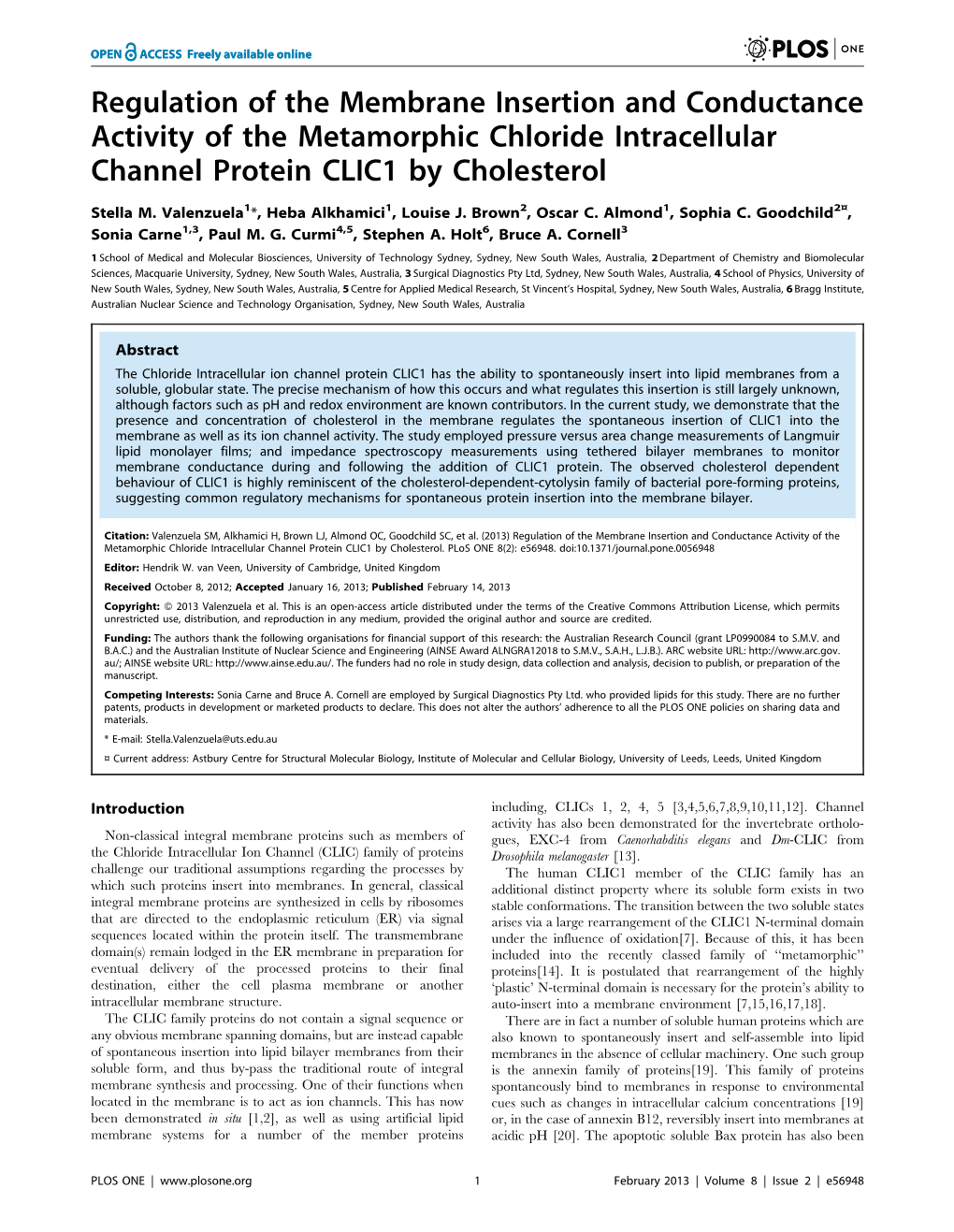 Regulation of the Membrane Insertion and Conductance Activity of the Metamorphic Chloride Intracellular Channel Protein CLIC1 by Cholesterol