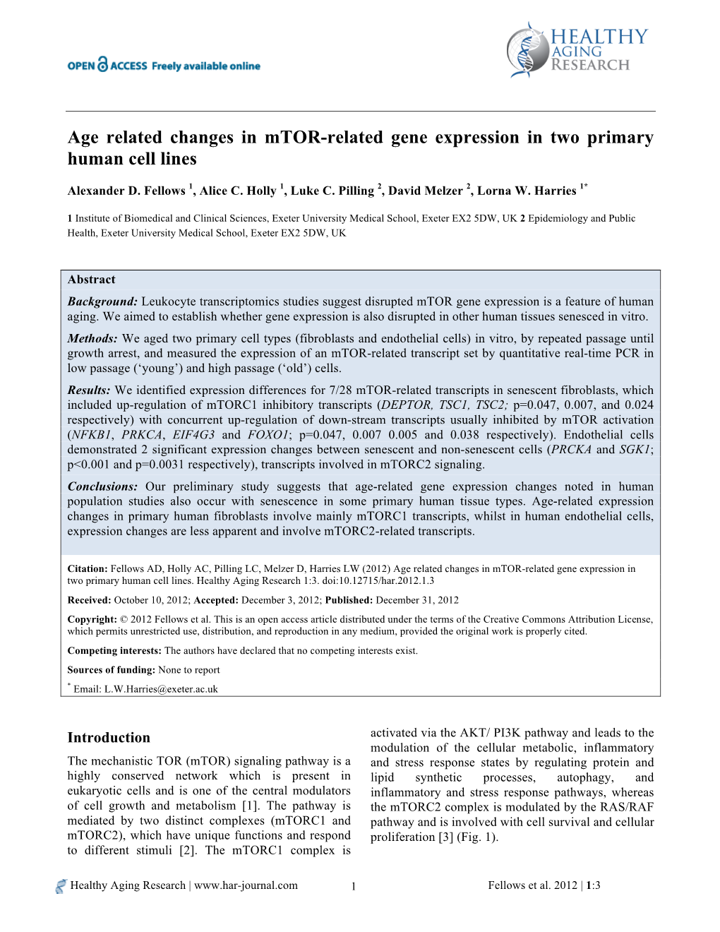 Age Related Changes in Mtor-Related Gene Expression in Two Primary Human Cell Lines