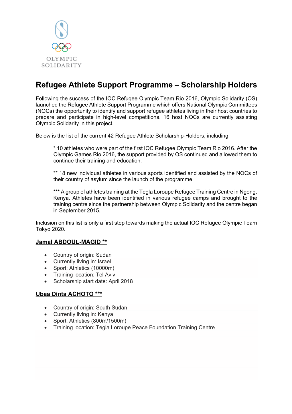 Refugee Athlete Support Programme – Scholarship Holders