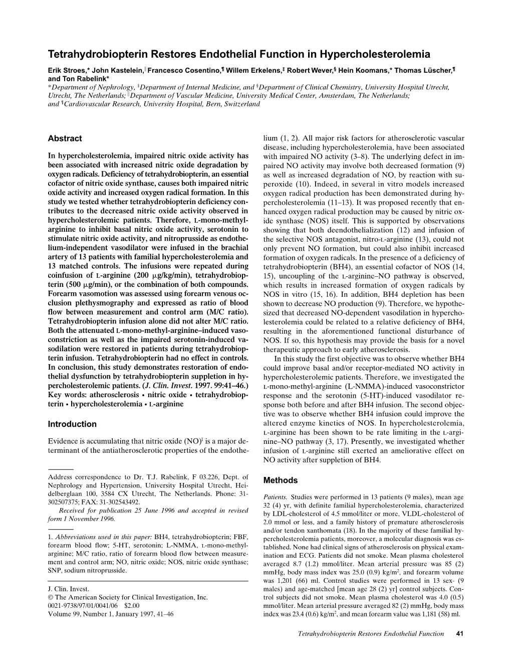 Tetrahydrobiopterin Restores Endothelial Function in Hypercholesterolemia