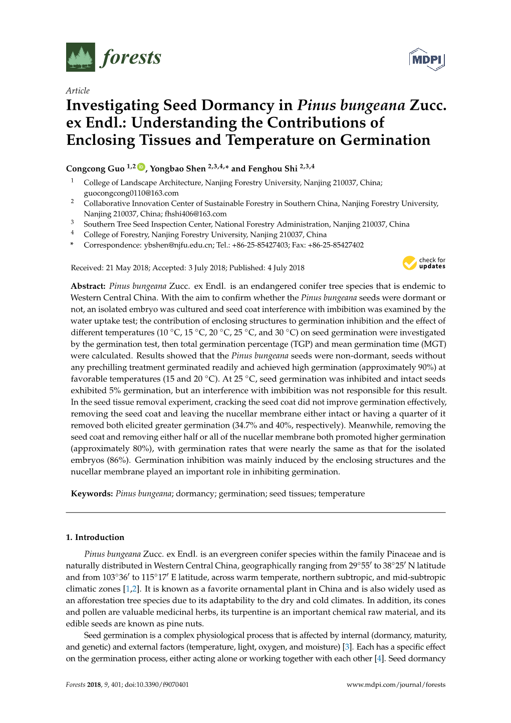 Investigating Seed Dormancy in Pinus Bungeana Zucc. Ex Endl.: Understanding the Contributions of Enclosing Tissues and Temperature on Germination