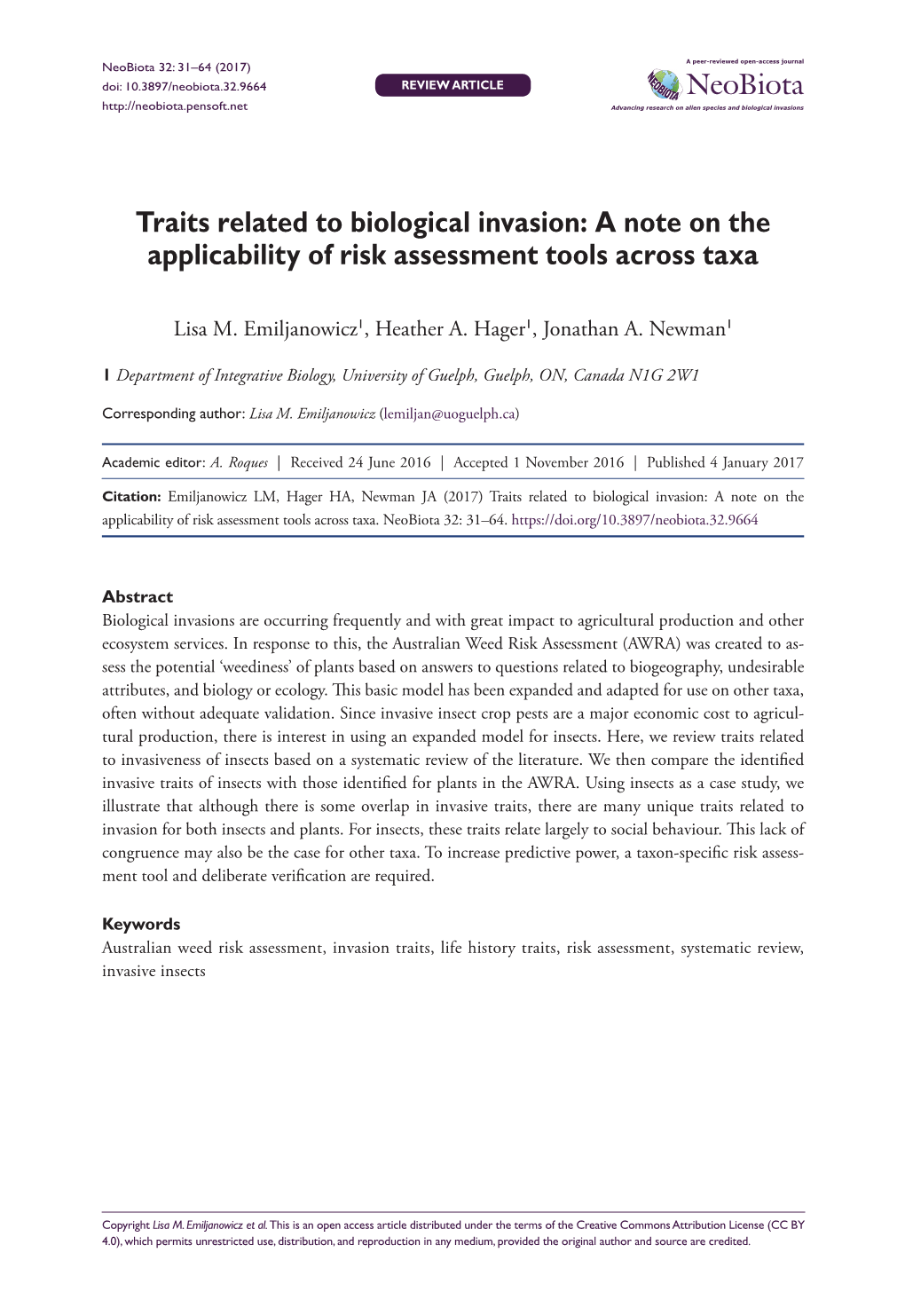 Traits Related to Biological Invasion: a Note on the Applicability of Risk Assessment Tools Across Taxa