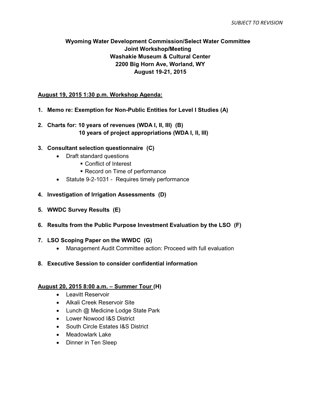 SUBJECT to REVISION Wyoming Water Development Commission