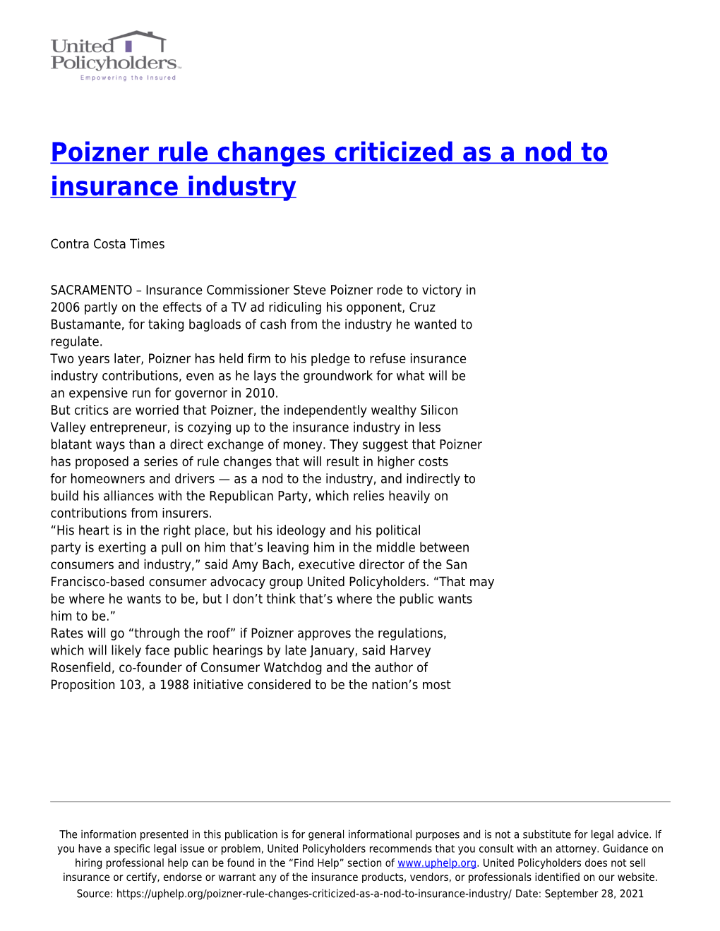 Poizner Rule Changes Criticized As a Nod to Insurance Industry