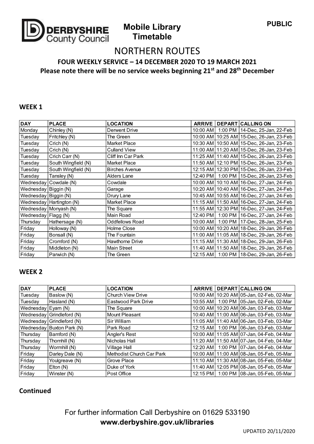 NORTHERN ROUTES FOUR WEEKLY SERVICE – 14 DECEMBER 2020 to 19 MARCH 2021 Please Note There Will Be No Service Weeks Beginning 21St and 28Th December