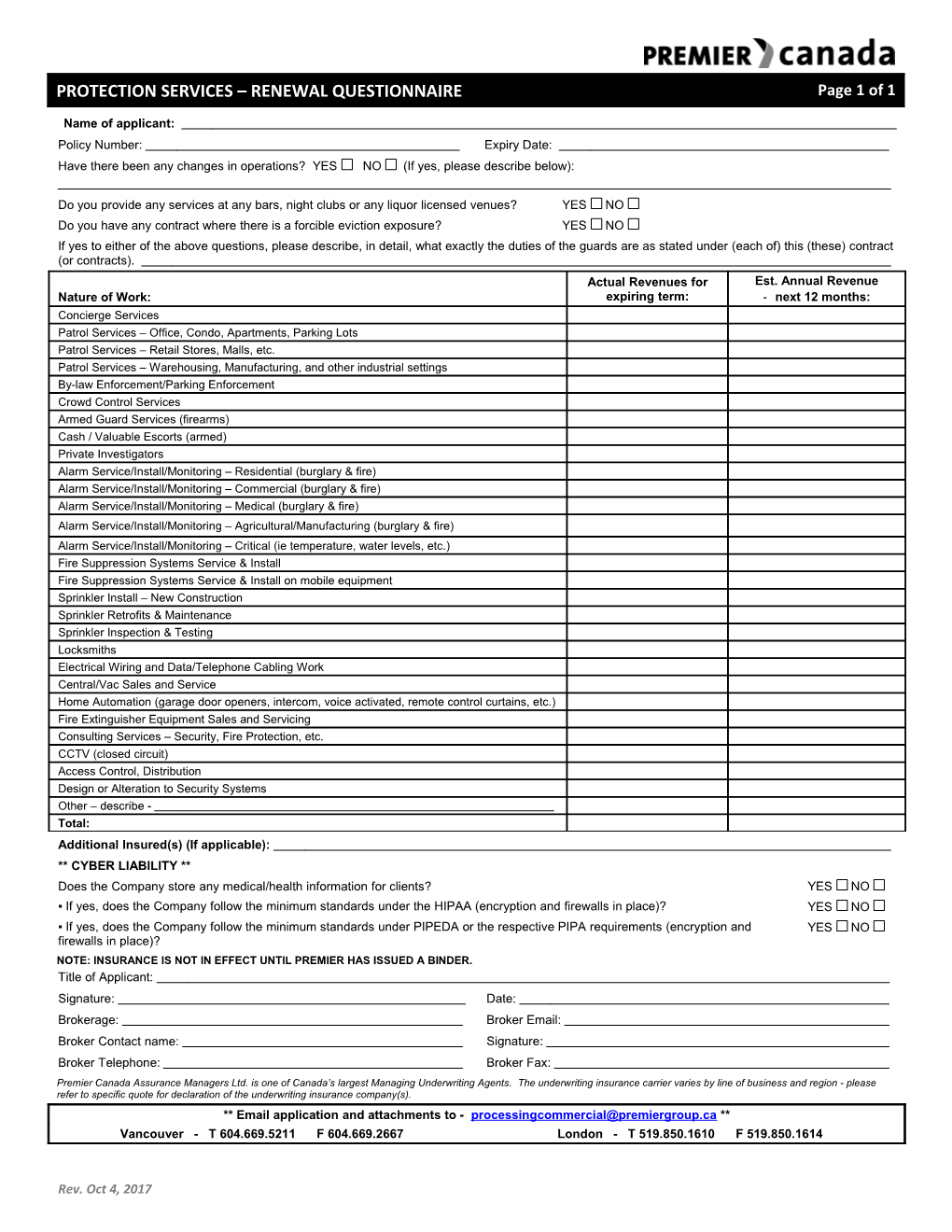 Protective Service Liability Application