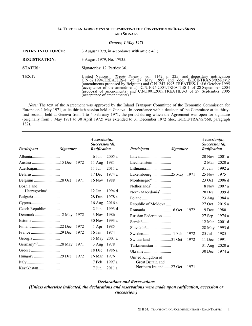 Unless Otherwise Indicated, the Declarations and Reservations Were Made Upon Ratification, Accession Or Succession.)