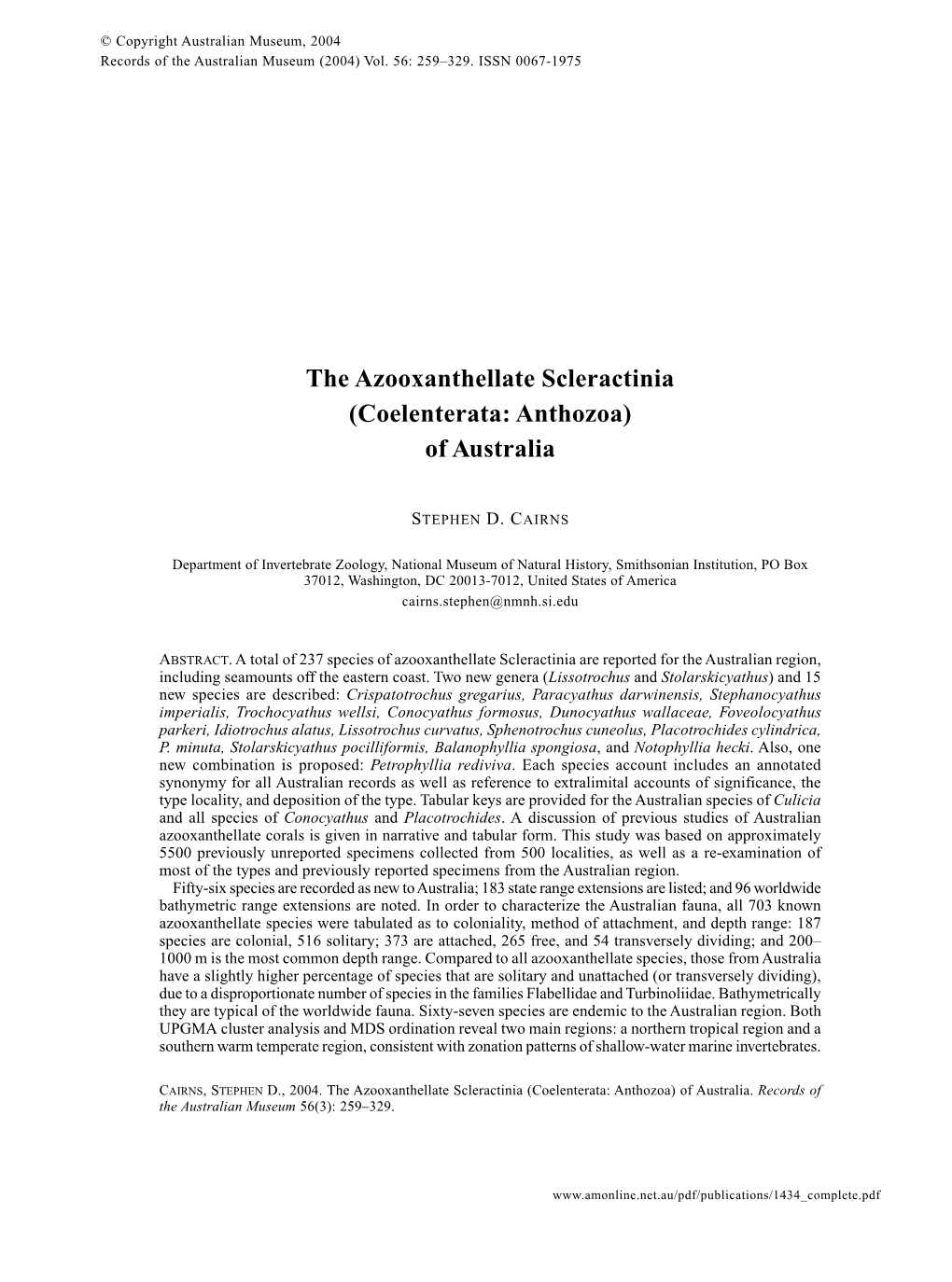 The Azooxanthellate Scleractinia (Coelenterata: Anthozoa) of Australia