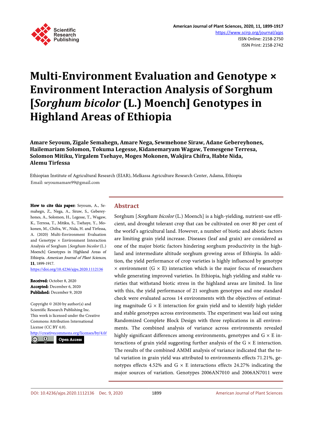 Genotypes in Highland Areas of Ethiopia