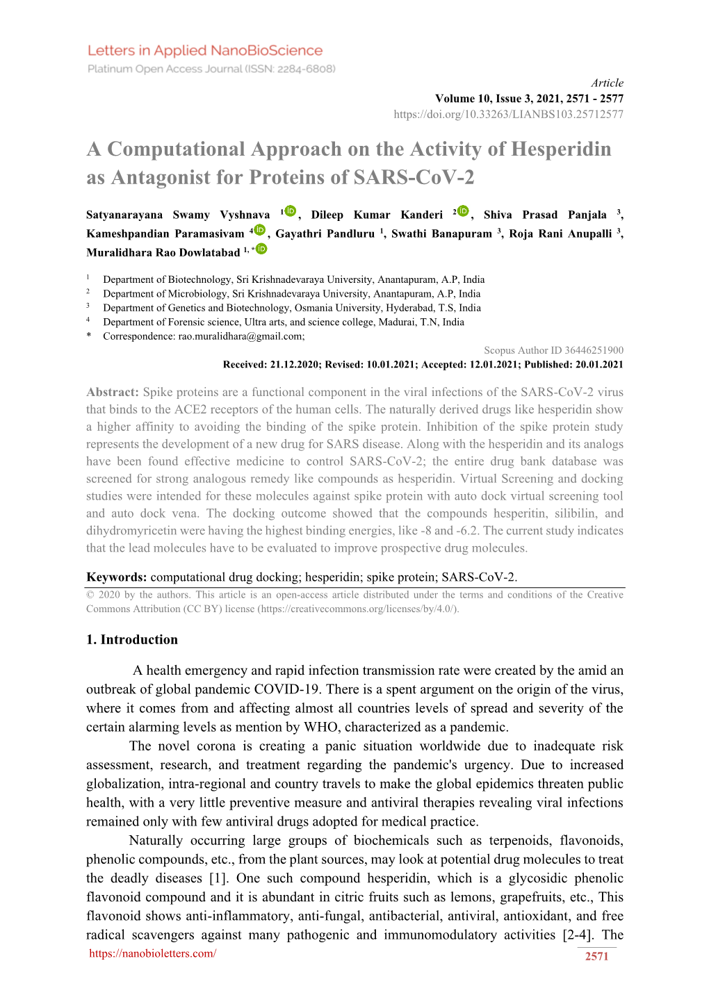 A Computational Approach on the Activity of Hesperidin As Antagonist for Proteins of SARS-Cov-2