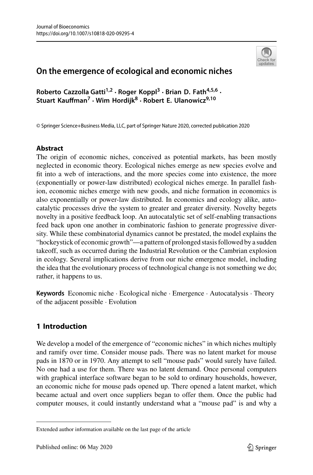 On the Emergence of Ecological and Economic Niches