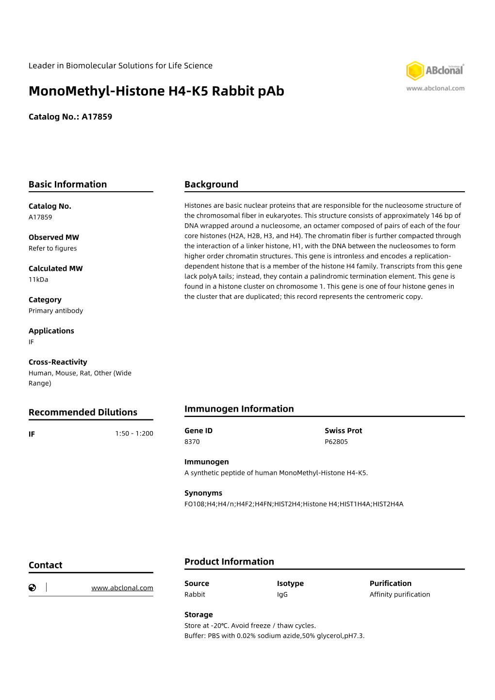 Monomethyl-Histone H4-K5 Rabbit Pab