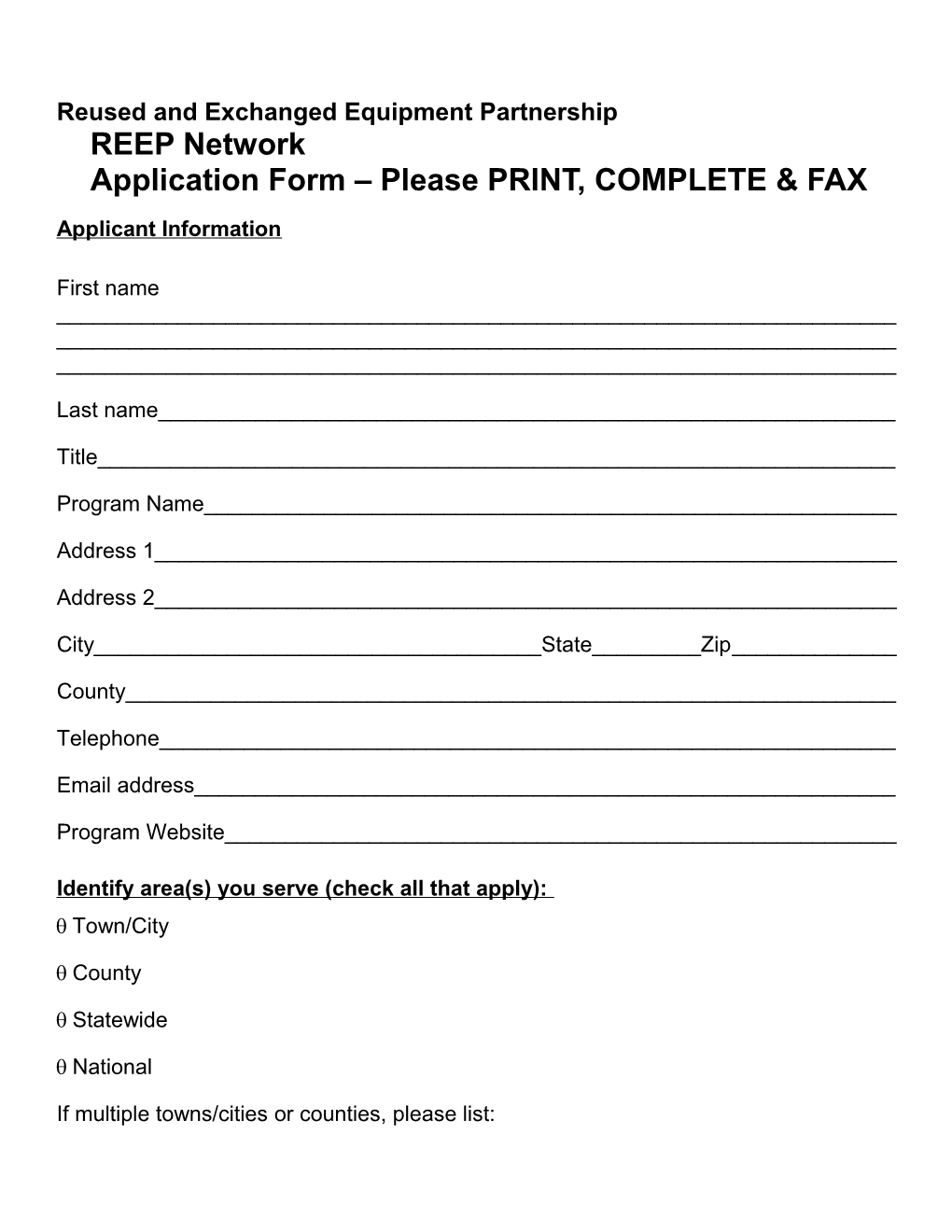 Reused and Exchanged Equipment Partnership REEP Networkapplication Form Please PRINT, COMPLETE