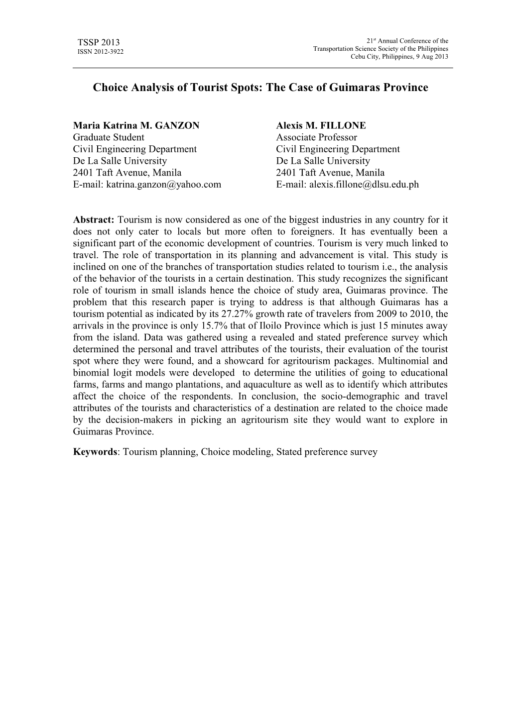 Choice Analysis of Tourist Spots: the Case of Guimaras Province