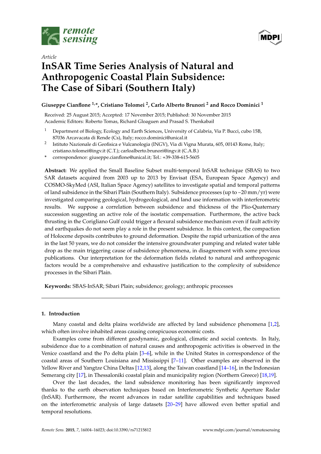 Insar Time Series Analysis of Natural and Anthropogenic Coastal Plain Subsidence: the Case of Sibari (Southern Italy)