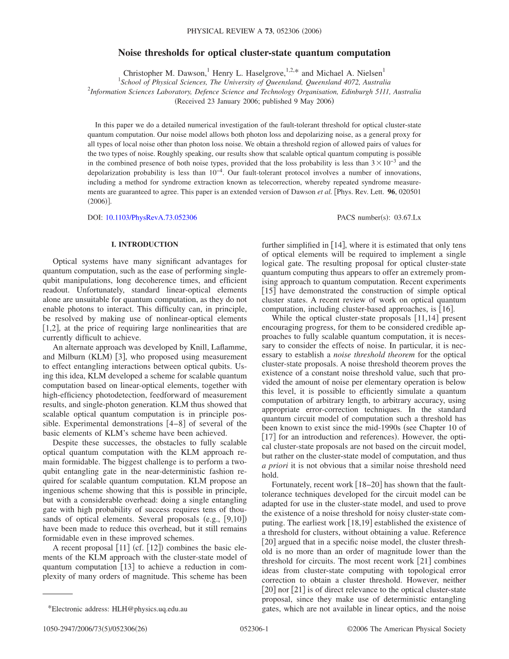 Noise Thresholds for Optical Cluster-State Quantum Computation