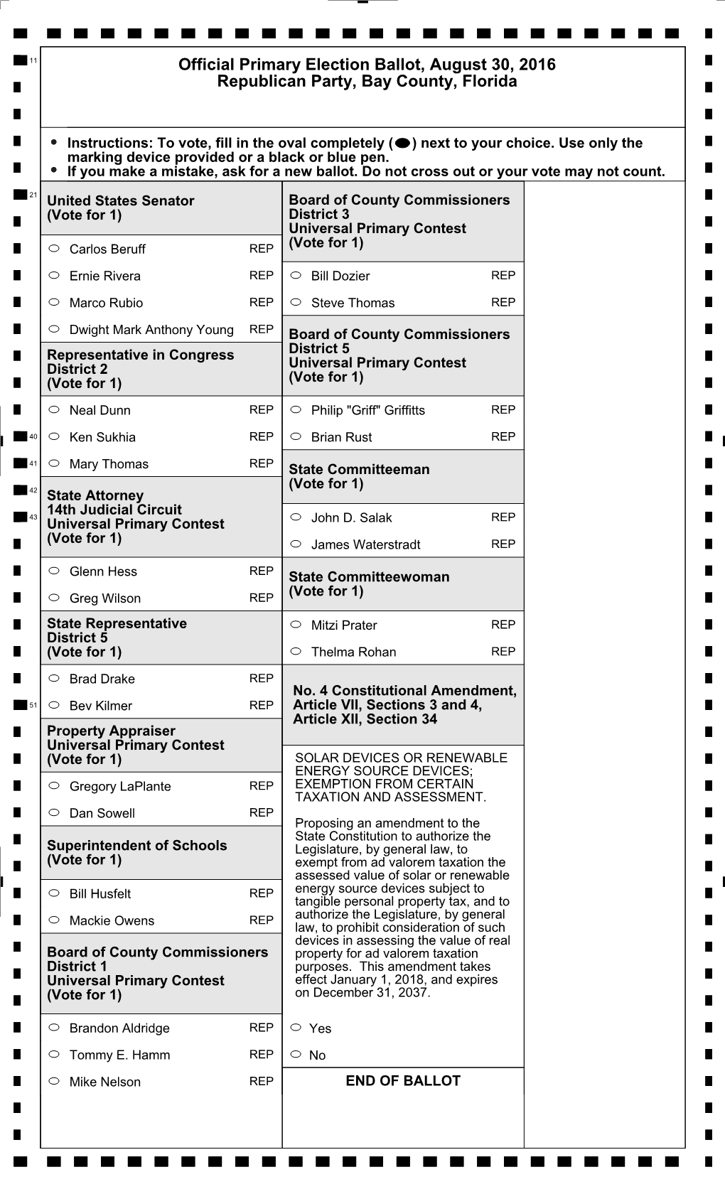 Official Primary Election Ballot, August 30, 2016 Republican Party, Bay County, Florida