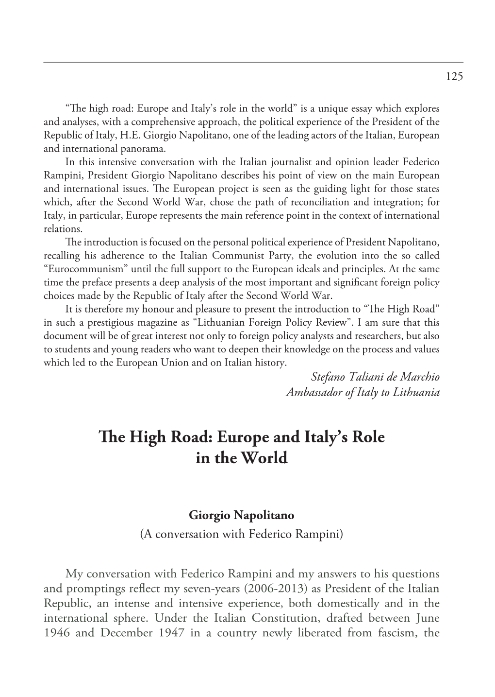 The High Road: Europe and Italy's Role in the World