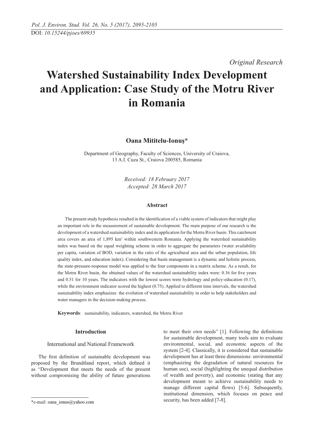 Watershed Sustainability Index Development and Application: Case Study of the Motru River in Romania