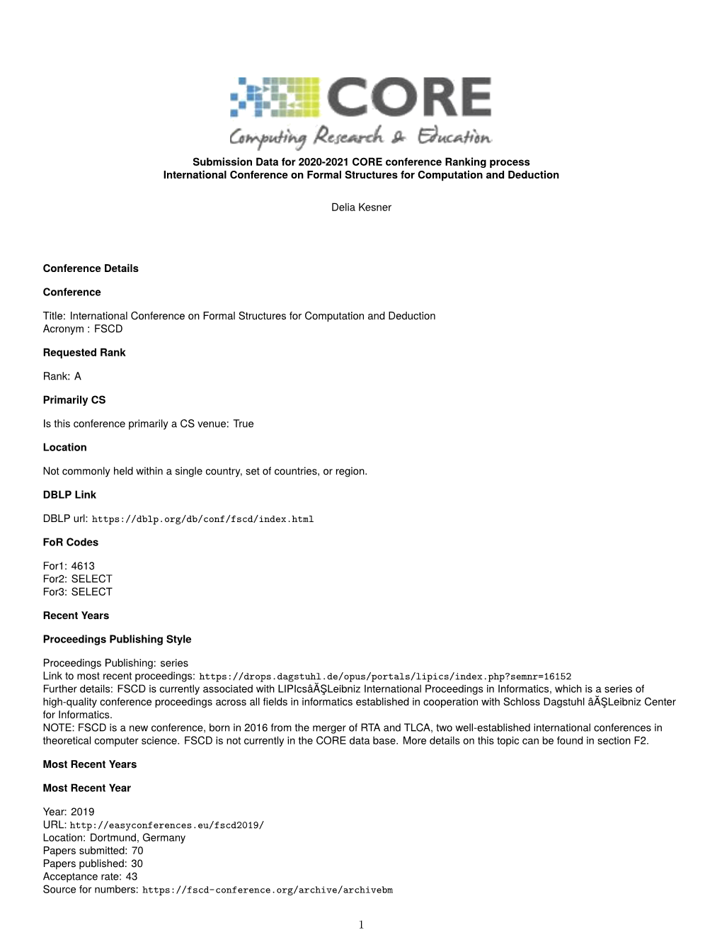 Submission Data for 2020-2021 CORE Conference Ranking Process International Conference on Formal Structures for Computation and Deduction
