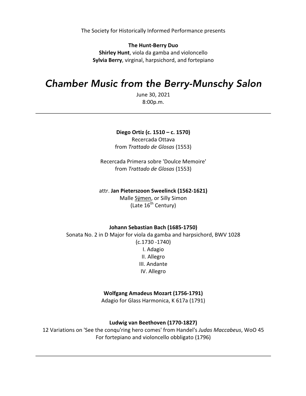 Chamber Music from the Berry-Munschy Salon June 30, 2021 8:00P.M