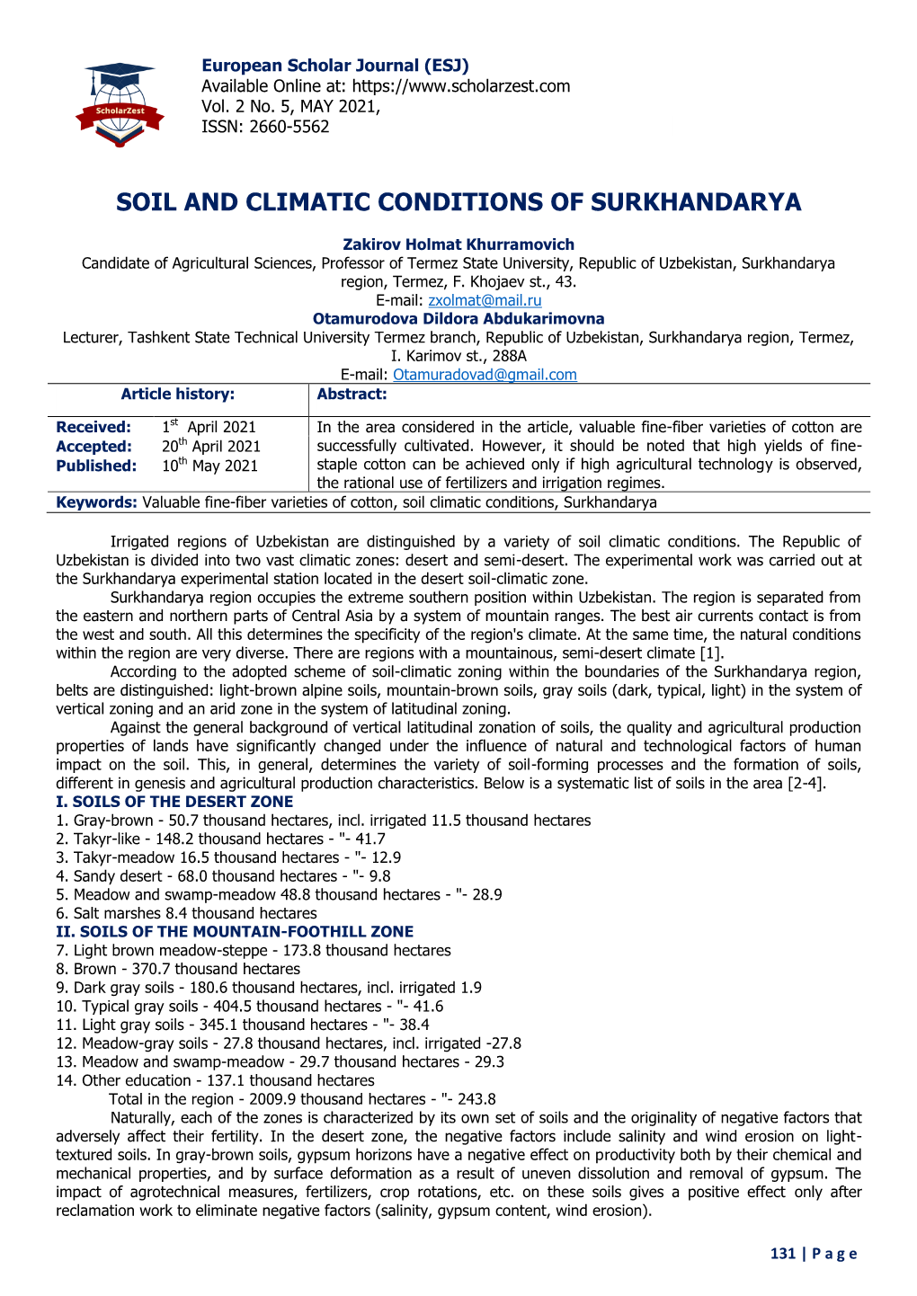 Soil and Climatic Conditions of Surkhandarya