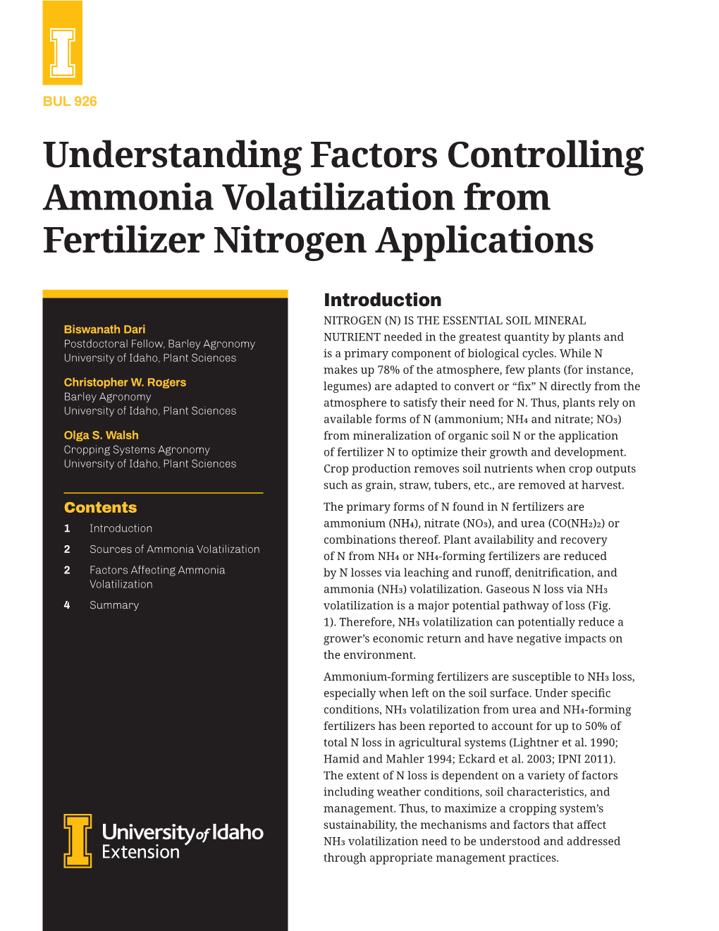 Understanding Factors Controlling Ammonia Volatilization from Fertilizer Nitrogen Applications