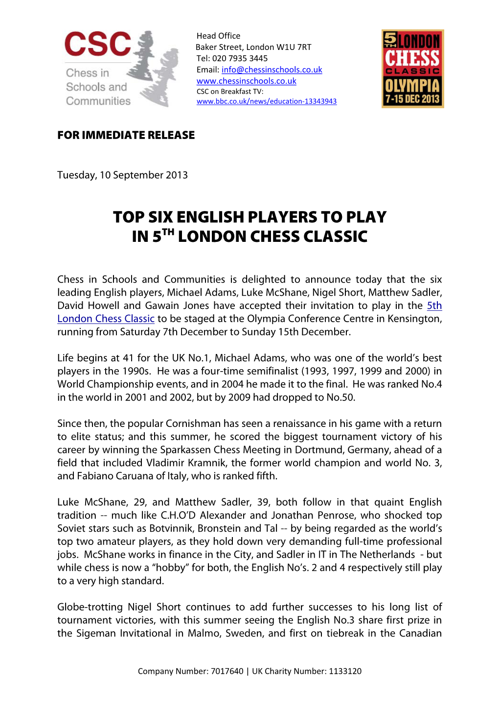 Top Six English Players to Play in 5Th London Chess Classic