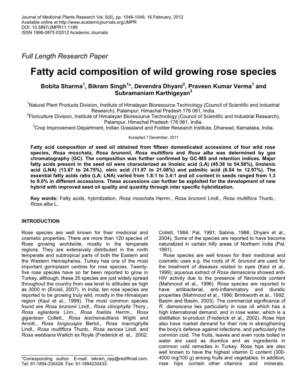 Fatty Acid Composition of Wild Growing Rose Species
