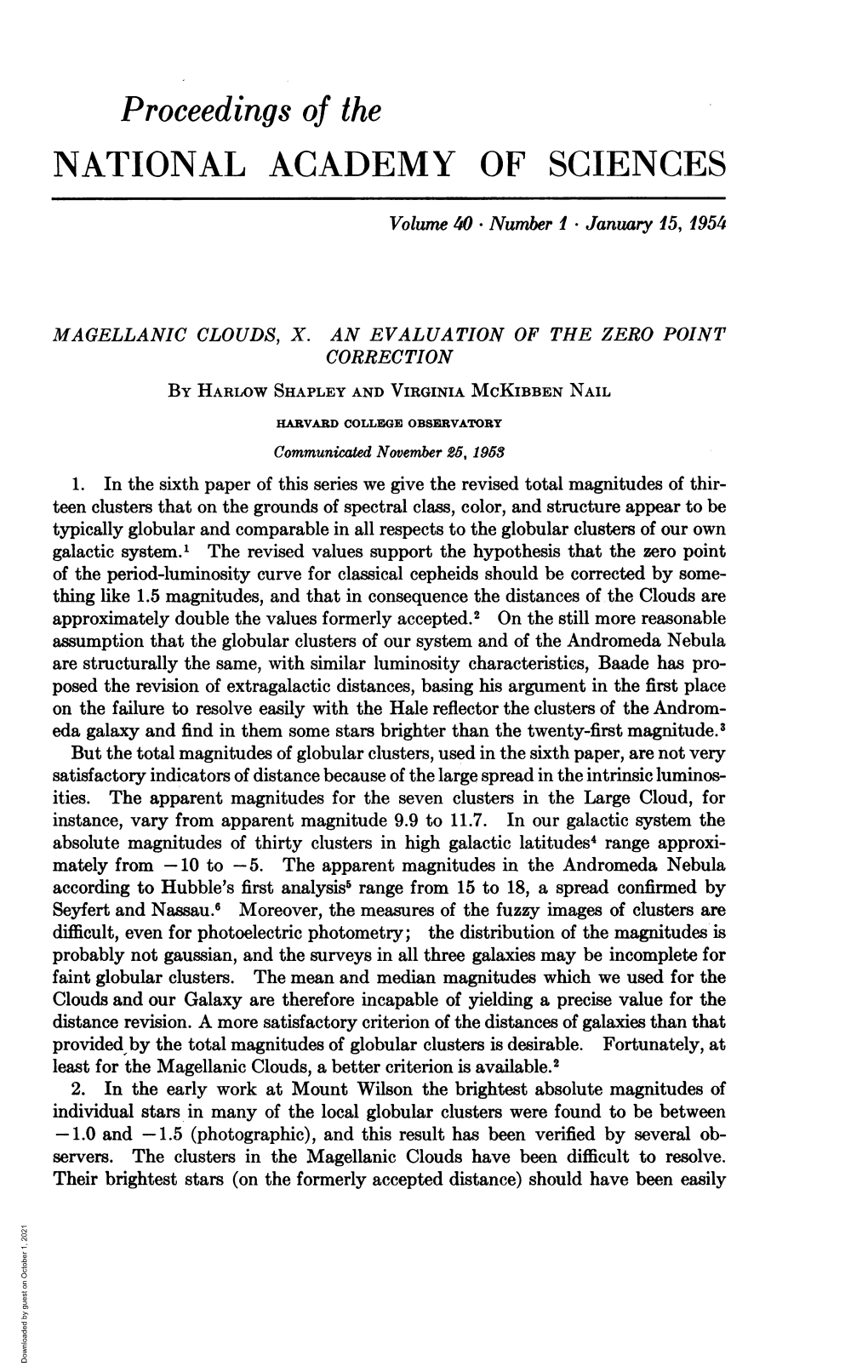 Magellanic Clouds, X. an Evaluation of the Zero Point Correction by Harlow Shapley and Virginia Mckibben Nail