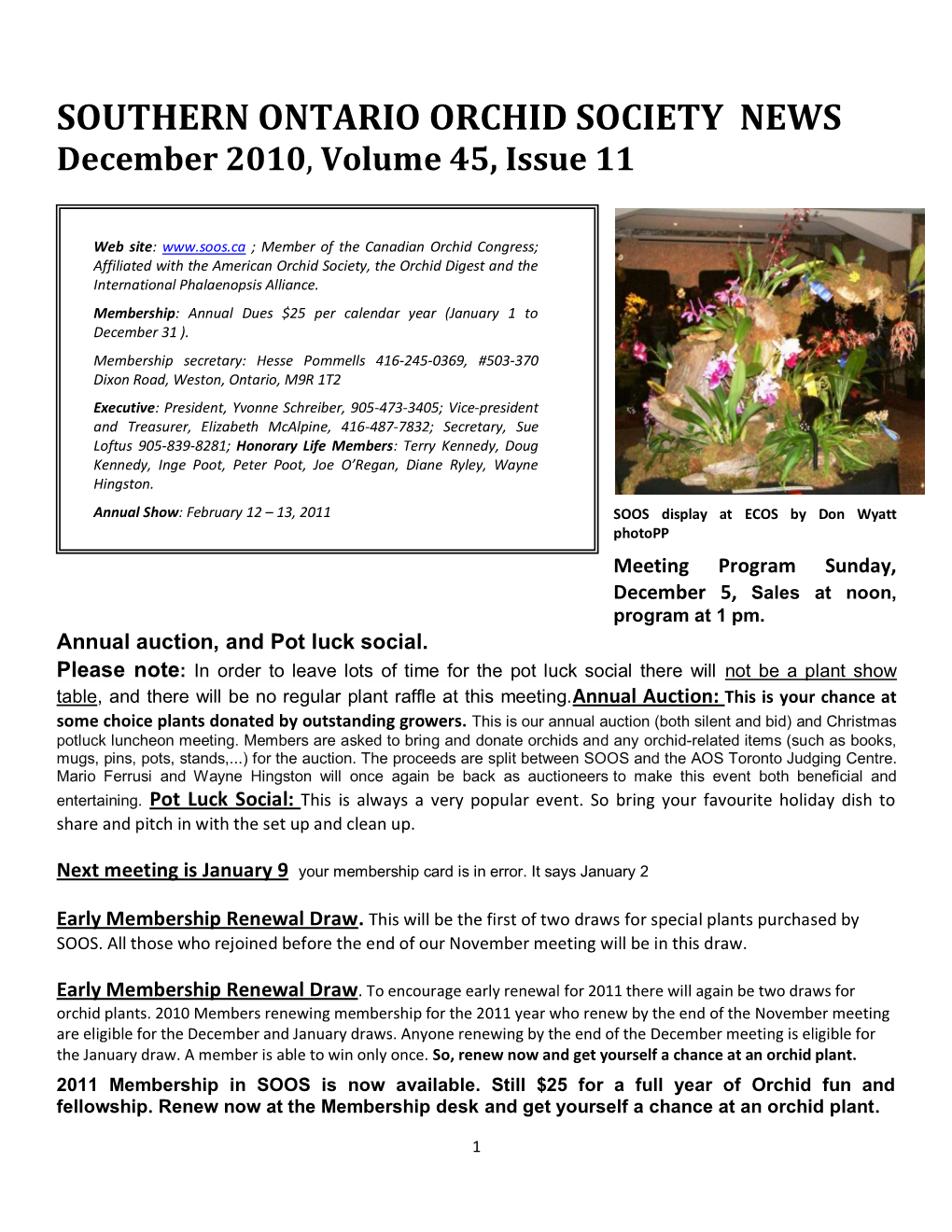 SOUTHERN ONTARIO ORCHID SOCIETY NEWS December 2010, Volume 45, Issue 11