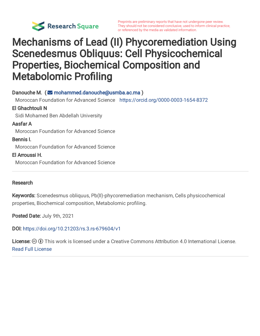 (II) Phycoremediation Using Scenedesmus Obliquus: Cell Physicochemical Properties, Biochemical Composition and Metabolomic Pro�Ling