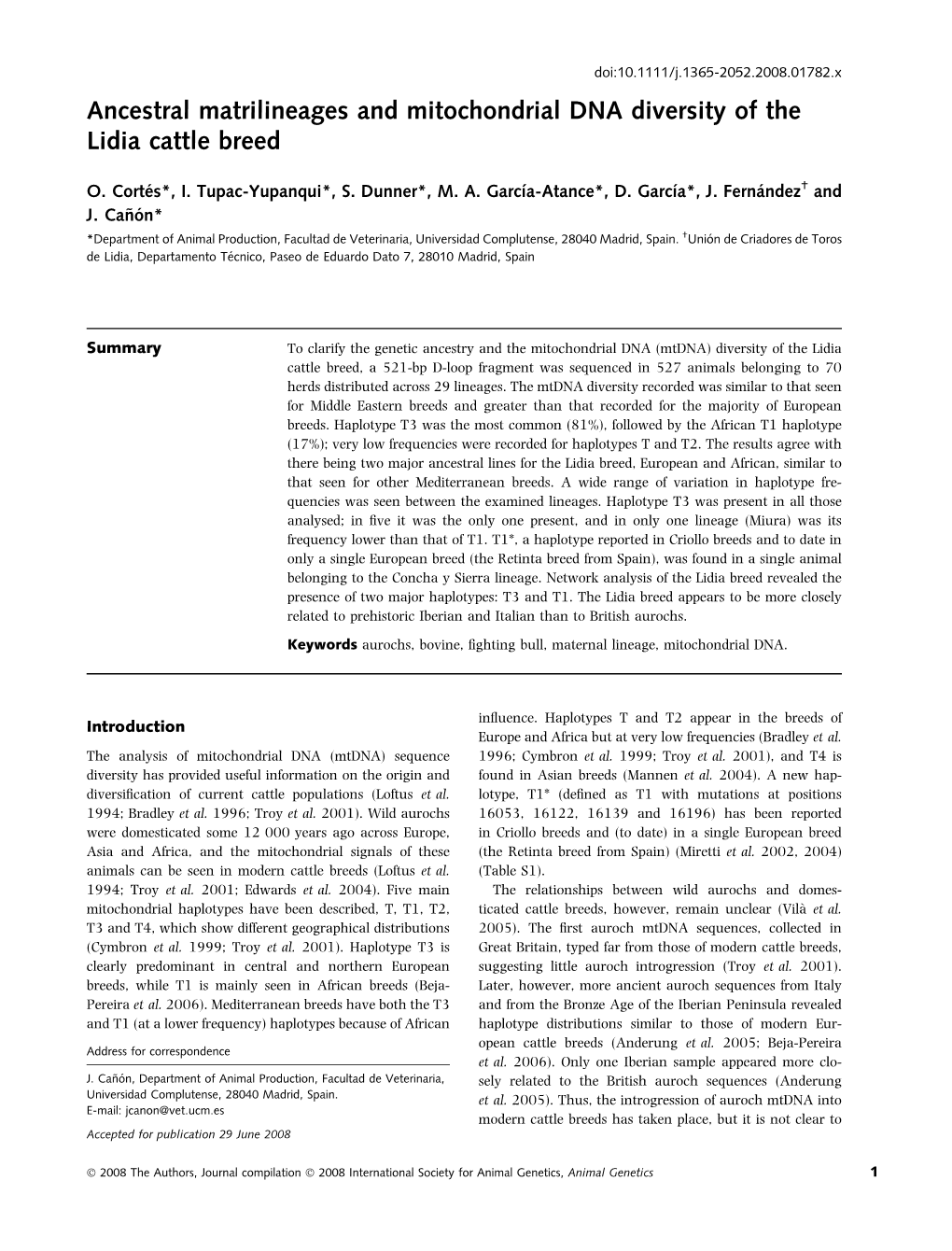 Ancestral Matrilineages and Mitochondrial DNA Diversity of the Lidia Cattle Breed