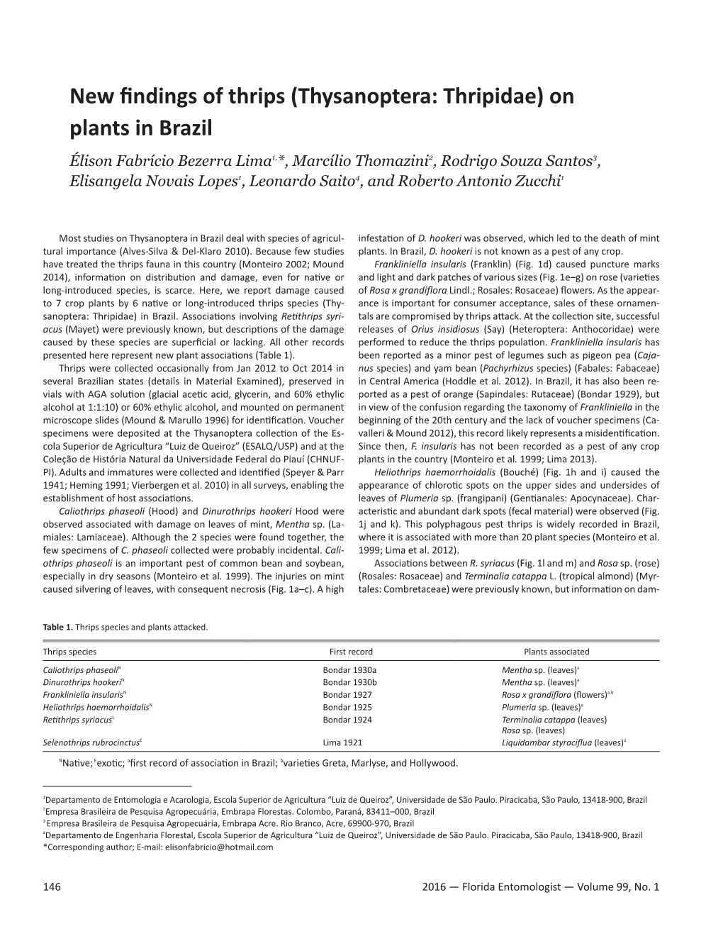 New Findings of Thrips (Thysanoptera: Thripidae) on Plants in Brazil