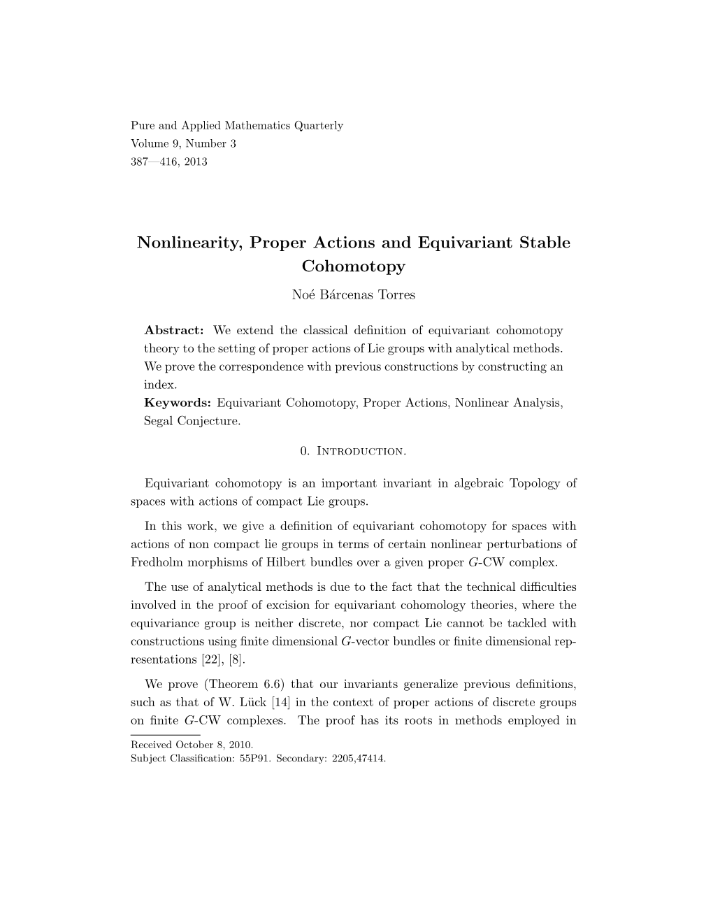 Nonlinearity, Proper Actions and Equivariant Stable Cohomotopy No´Eb´Arcenastorres