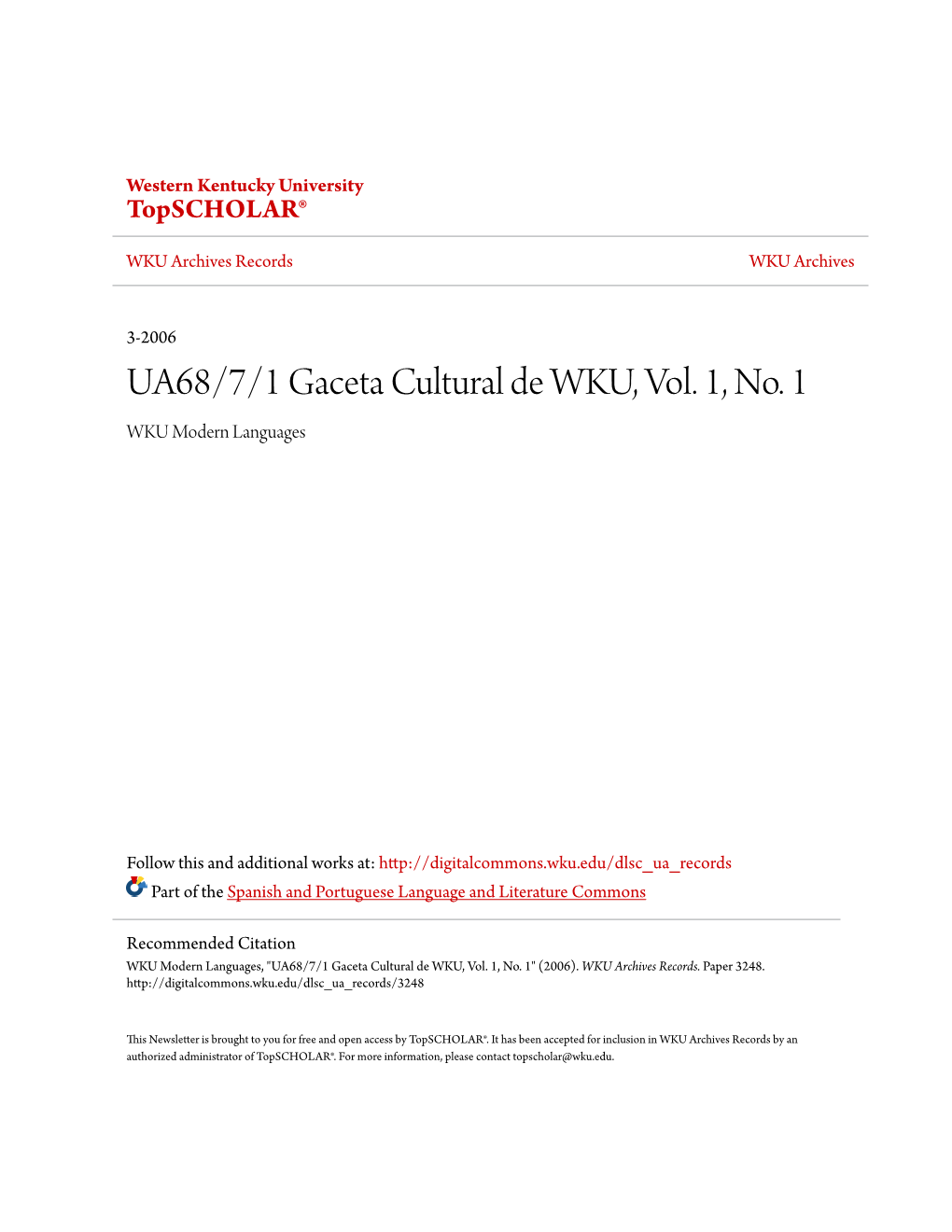 UA68/7/1 Gaceta Cultural De WKU, Vol. 1, No. 1 WKU Modern Languages