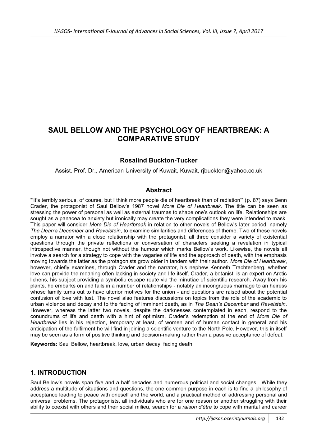 Saul Bellow and the Psychology of Heartbreak: a Comparative Study