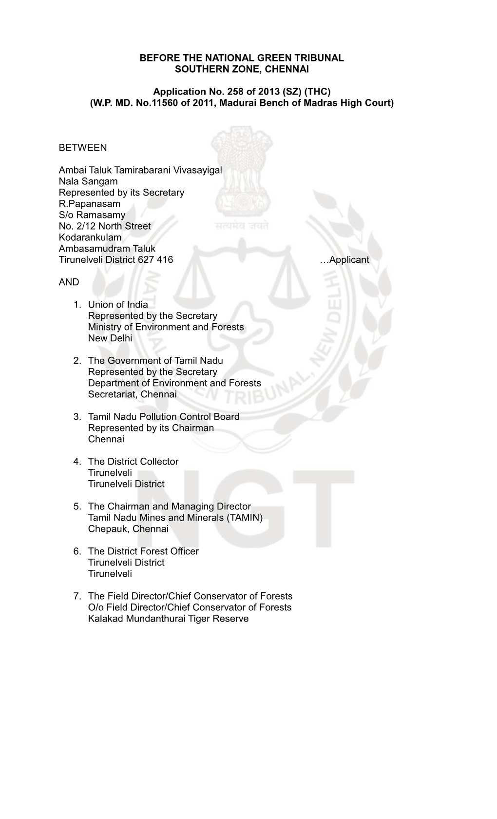 Before the National Green Tribunal Southern Zone, Chennai