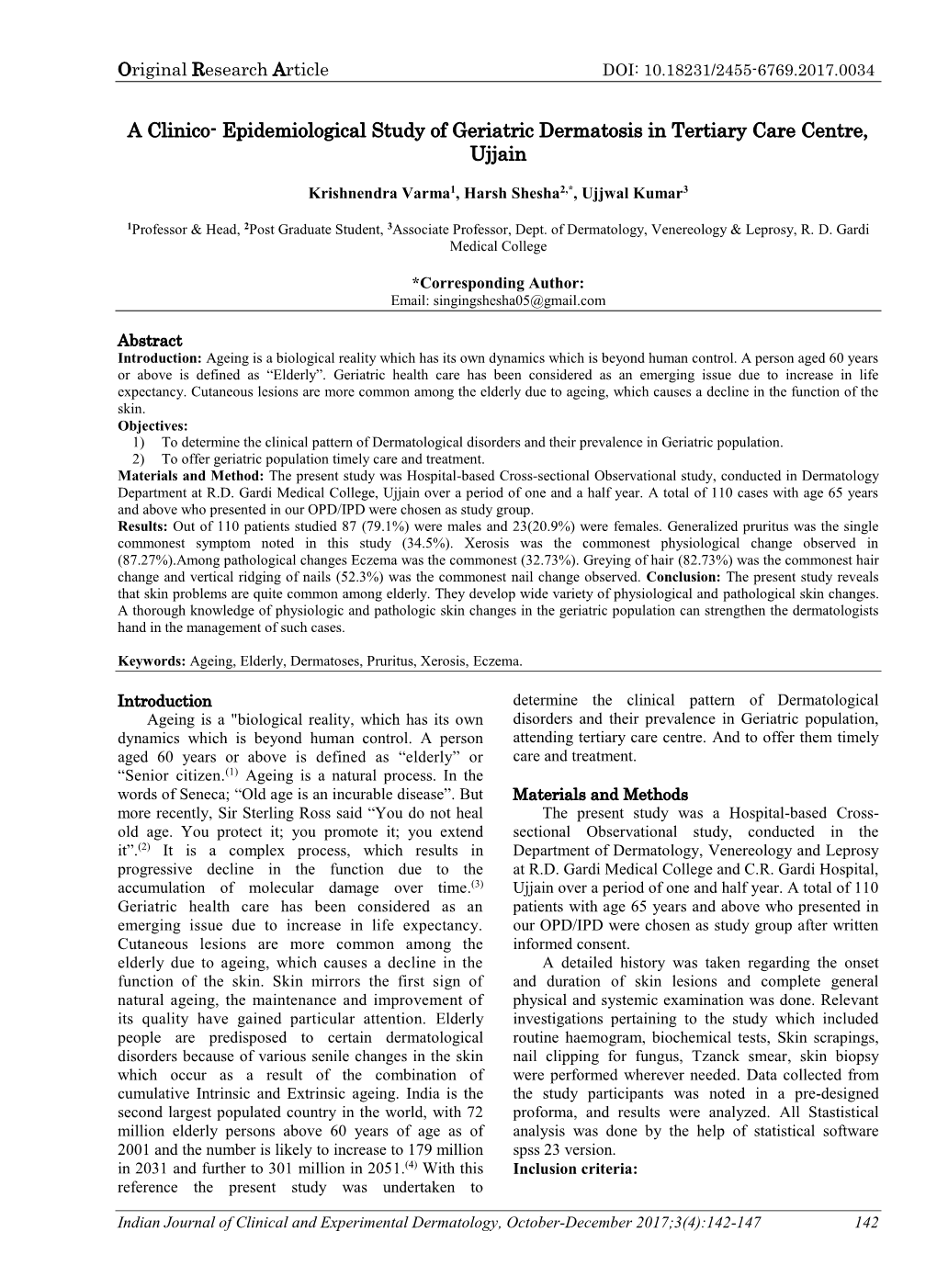 Epidemiological Study of Geriatric Dermatosis in Tertiary Care Centre, Ujjain