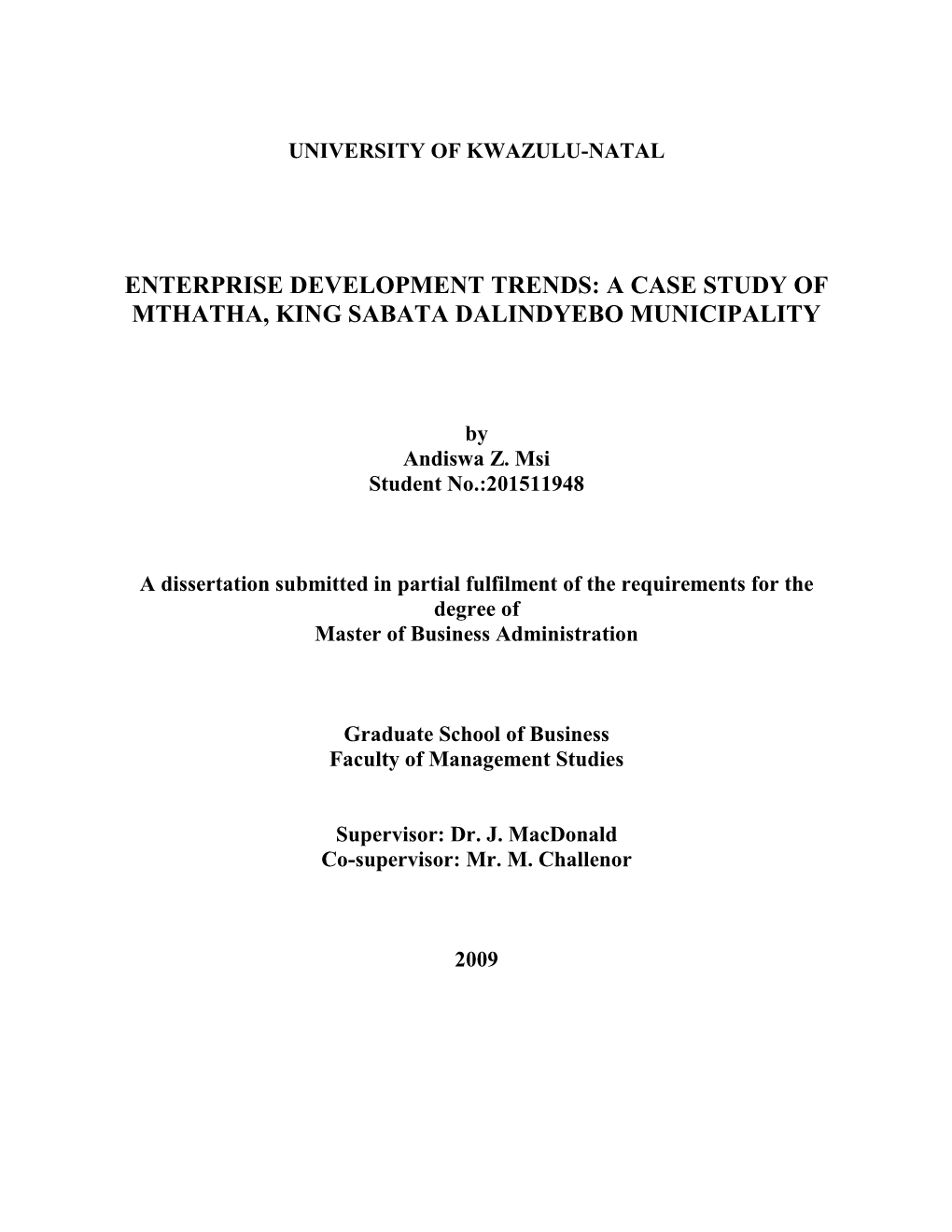 A Case Study of Mthatha, King Sabata Dalindyebo Municipality