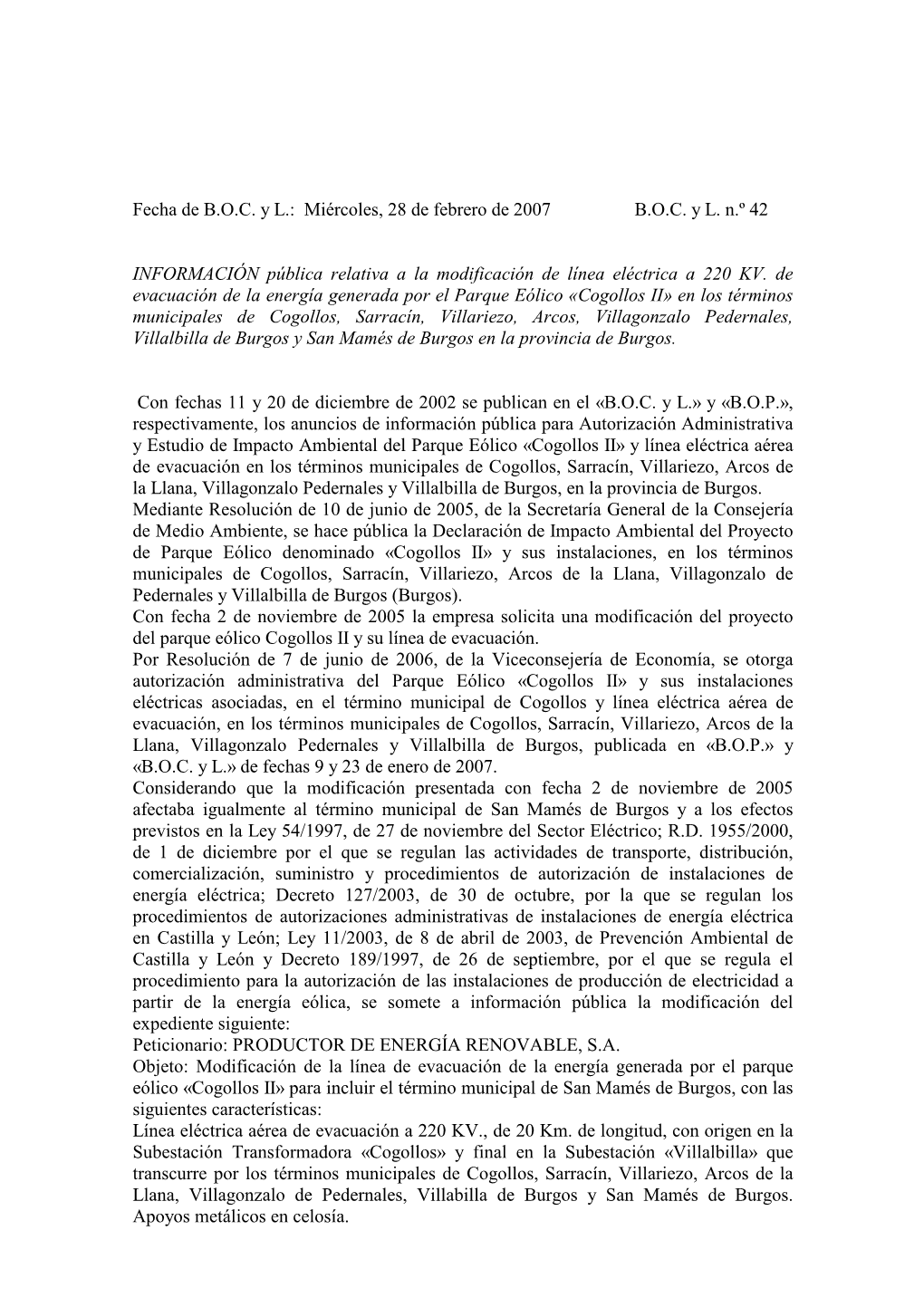 Fecha De BOC Y L.: Miércoles, 28 De Febrero De 2007 BOC