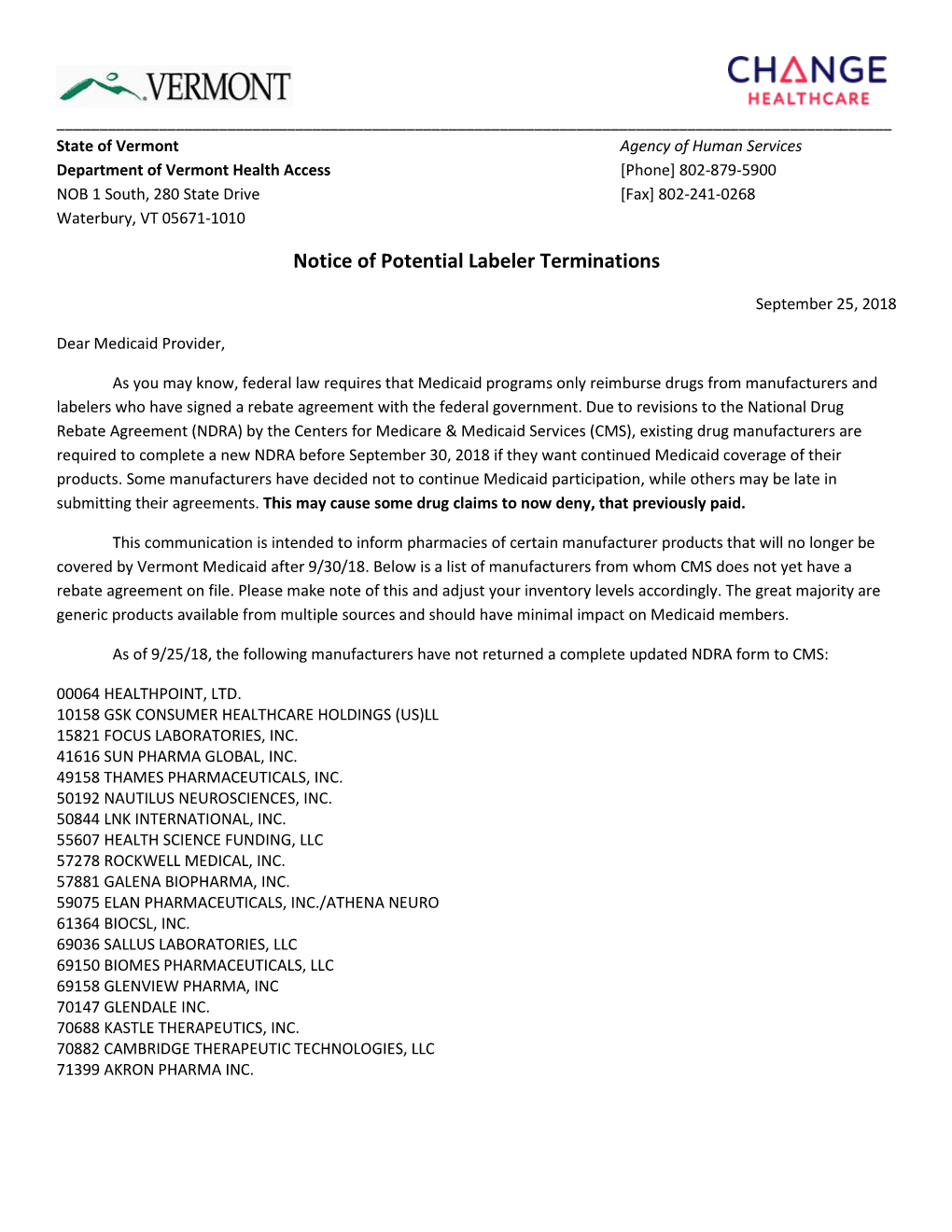 Notice of Potential Labeler Terminations