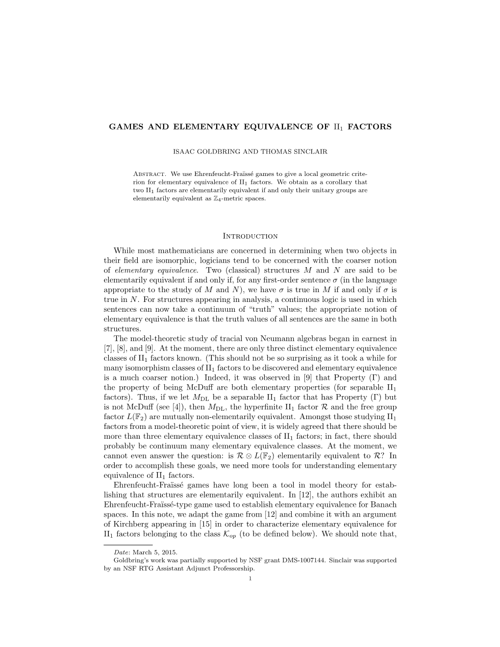 Games and Elementary Equivalence of II 1 Factors