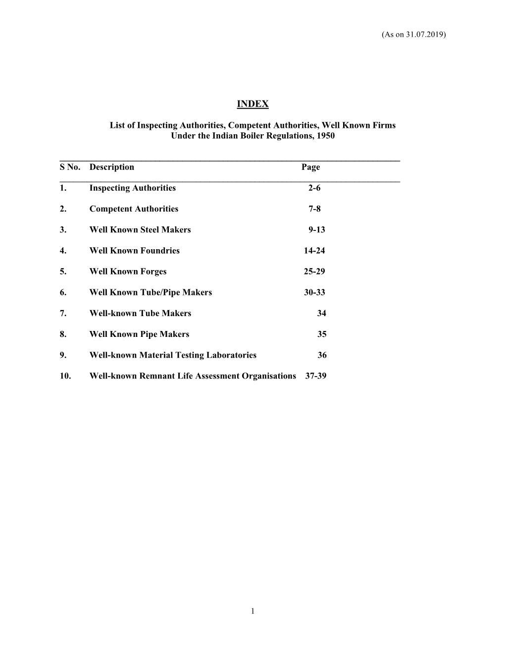 List of Inspecting Authorities, Competent Authorities, Well Known Firms Under the Indian Boiler Regulations, 1950