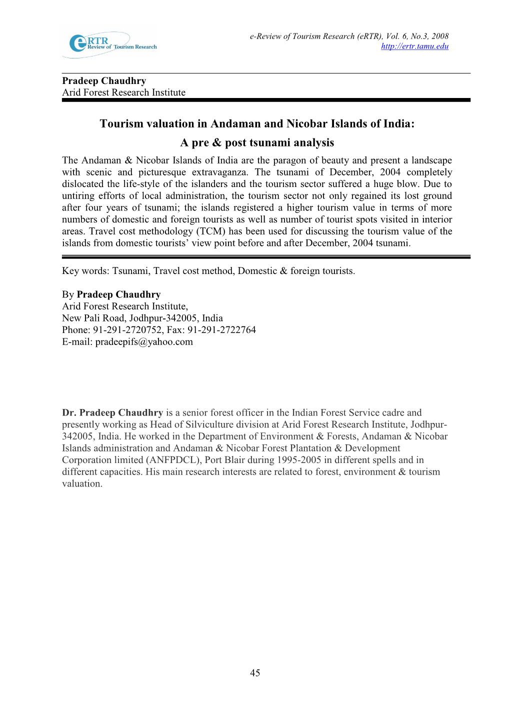 Tourism Valuation in Andaman and Nicobar Islands of India: a Pre