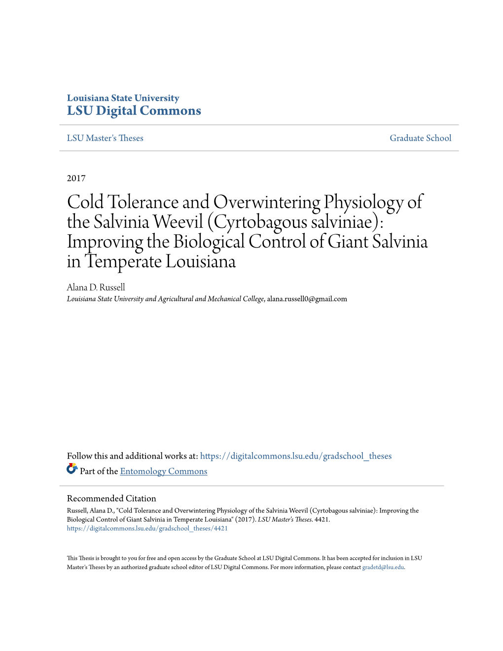 Cold Tolerance and Overwintering Physiology