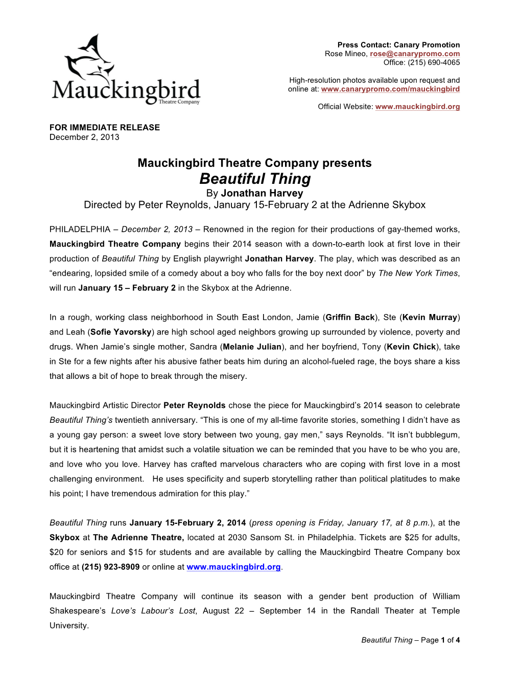 Mauckingbird Theatre Company Presents BEAUTIFUL THING Jan