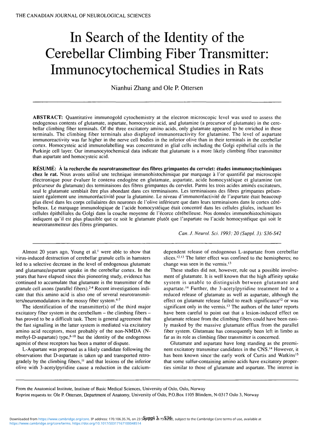 In Search of the Identity of the Cerebellar Climbing Fiber Transmitter: Immunocytochemical Studies in Rats