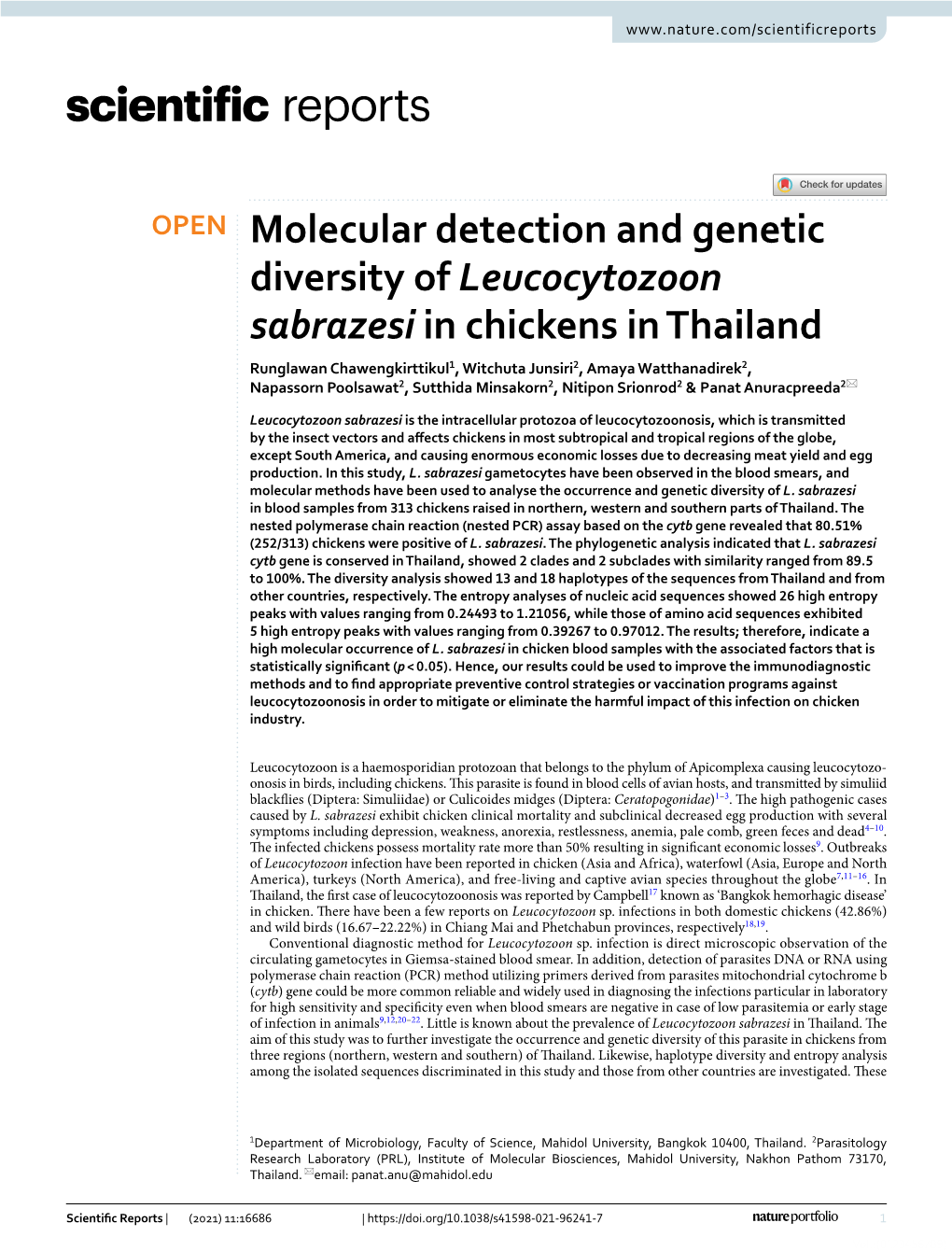Molecular Detection and Genetic Diversity of Leucocytozoon